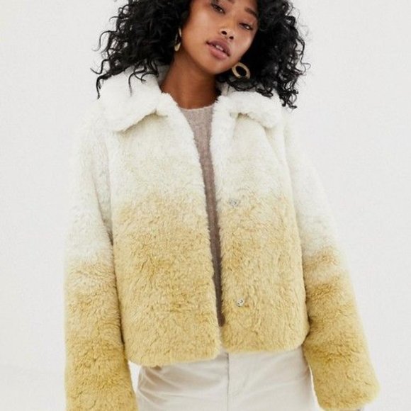 Weekday Ombre Fur Jacket White Gold M Fluffy Warm Coat - Picture 1 of 7